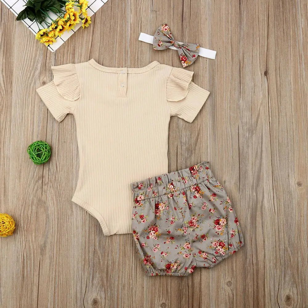 Storazone 2019 Baby Summer Clothing Newborn Infant Baby Girl Boys Clothes Sets Solid Ribbed Romper+Floral PP Shorts+Headband 3Pcs Outfit