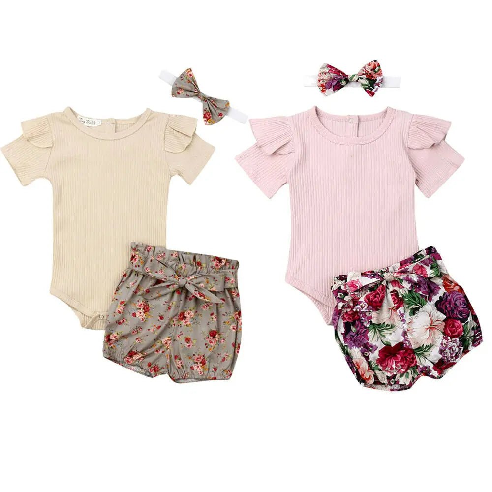 Storazone 2019 Baby Summer Clothing Newborn Infant Baby Girl Boys Clothes Sets Solid Ribbed Romper+Floral PP Shorts+Headband 3Pcs Outfit