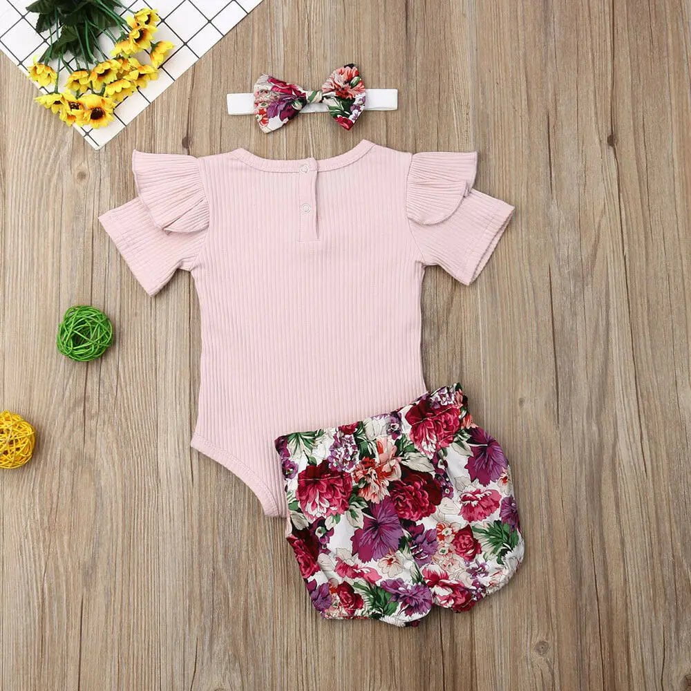 Storazone 2019 Baby Summer Clothing Newborn Infant Baby Girl Boys Clothes Sets Solid Ribbed Romper+Floral PP Shorts+Headband 3Pcs Outfit