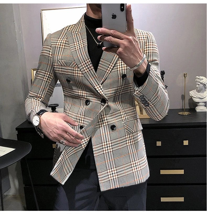 Storazone 2020 Men's Tuxedos New Arrival Plaid Casual Double Breasted Slim Fit Blazer Mens Suit （Only Jacket）