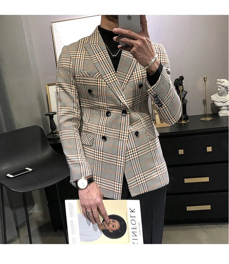 Storazone 2020 Men's Tuxedos New Arrival Plaid Casual Double Breasted Slim Fit Blazer Mens Suit （Only Jacket）