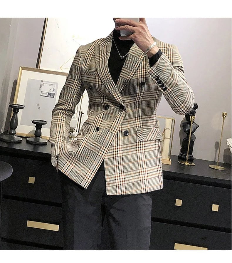 Storazone 2020 Men's Tuxedos New Arrival Plaid Casual Double Breasted Slim Fit Blazer Mens Suit （Only Jacket）