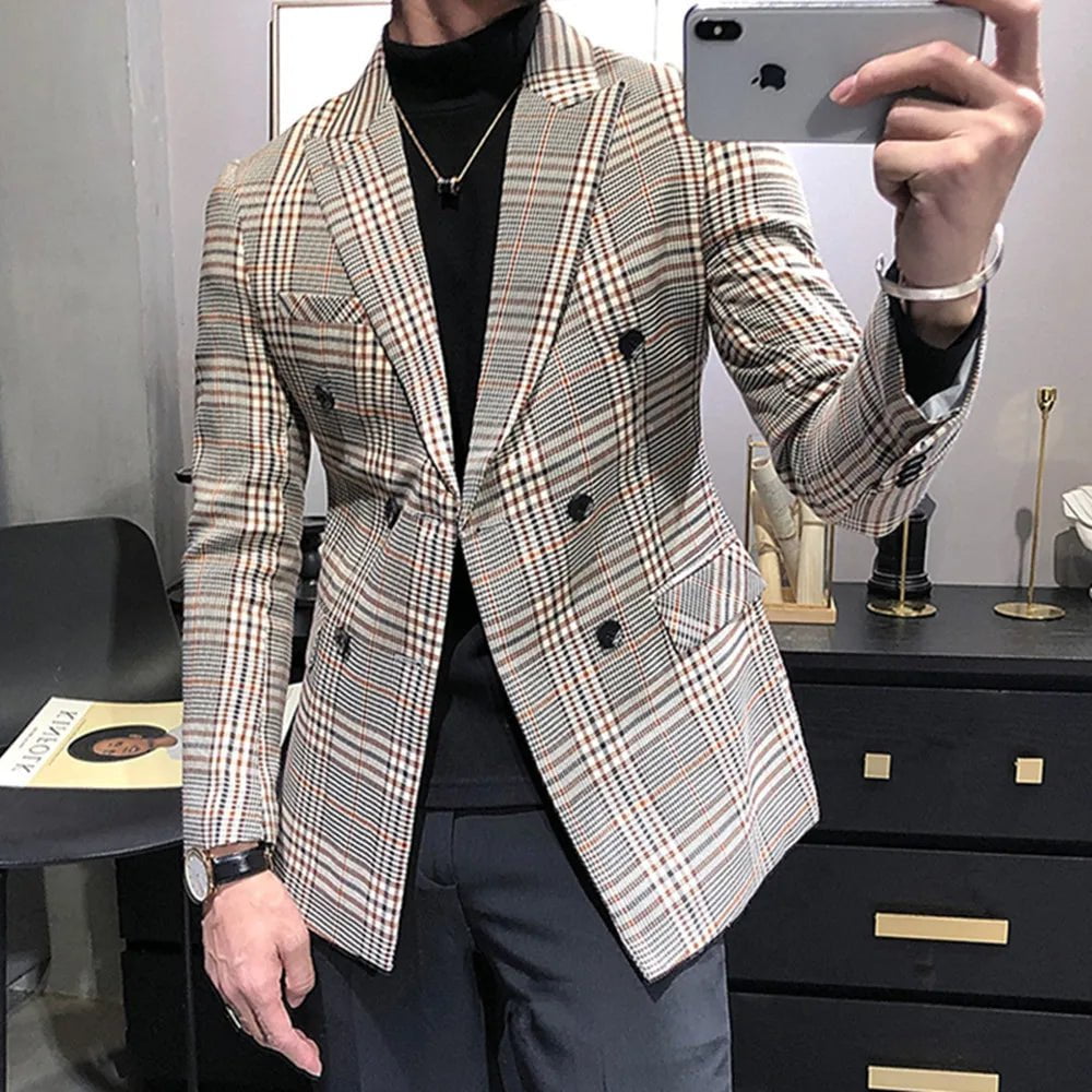 Storazone 2020 Men's Tuxedos New Arrival Plaid Casual Double Breasted Slim Fit Blazer Mens Suit （Only Jacket）