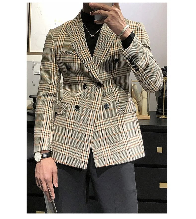 Storazone 2020 Men's Tuxedos New Arrival Plaid Casual Double Breasted Slim Fit Blazer Mens Suit （Only Jacket）