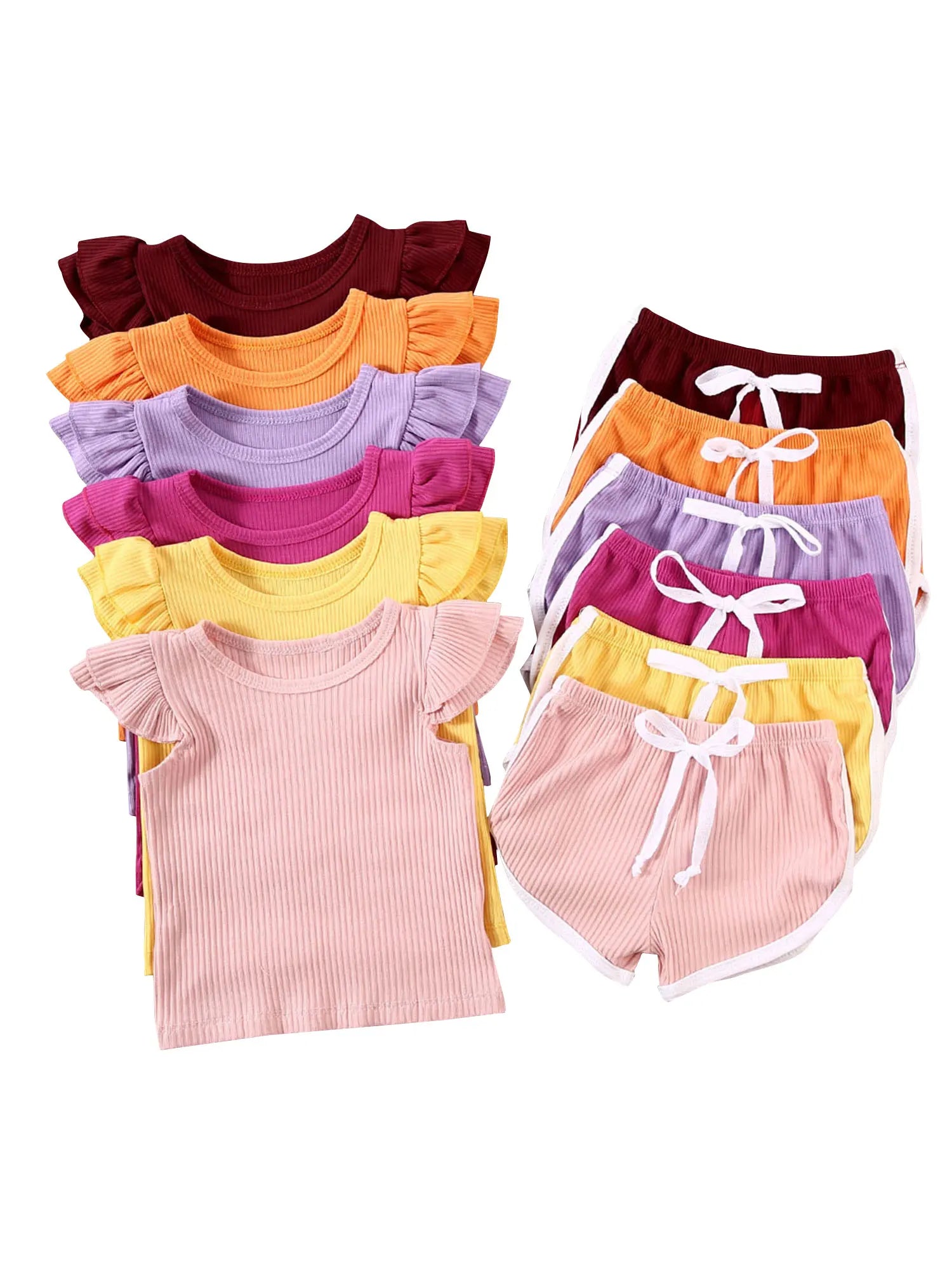 Storazone 2020 Summer Infant Baby Girls Boys Clothes Sets Ruffles Short Sleeve Pullover T Shirts Shorts Solid Outfits