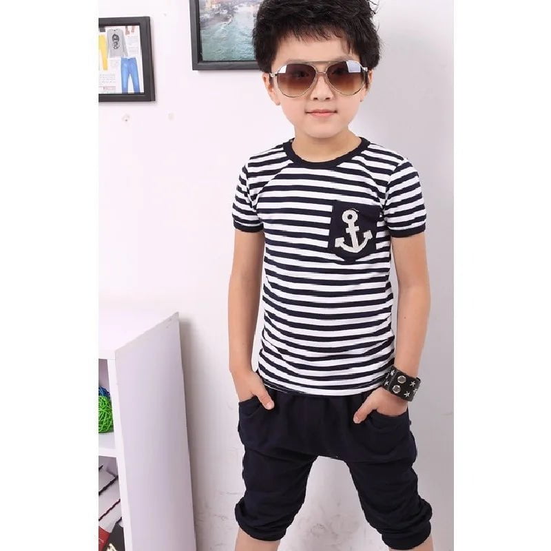 Storazone 2022 Summer Baby Boys Clothes Sets Stripe T-Shirts Hot Shorts Harem Pant Suit Children Clothing Kids Sport Suits Marine Sailor