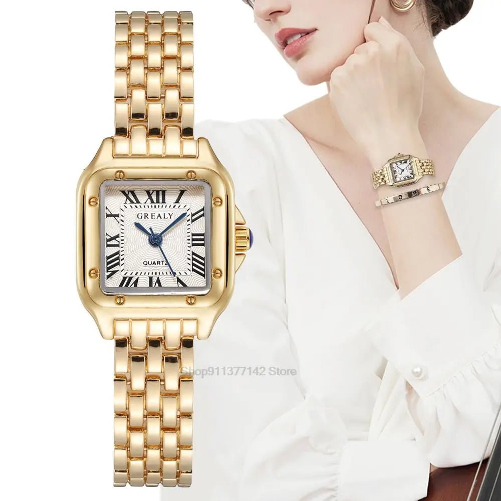 Storazone 2023 Luxury Women's Fashion Square Watches Gold Alloy Strap Ladies Quartz Wristwatches Qualities Female Roman Scale Clock