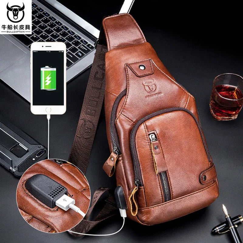 Storazone 2023 new 100% cowhide Leather Casual Fashion Crossbody Chest Bag men's leather bag USB Charging Travel Shoulder Bag Daypack Male