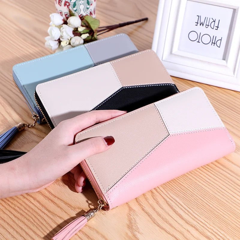 Storazone 2023 New Women's Wallet Long Contrast Panel Zipper Tassel Large Capacity Wallet Mobile Case