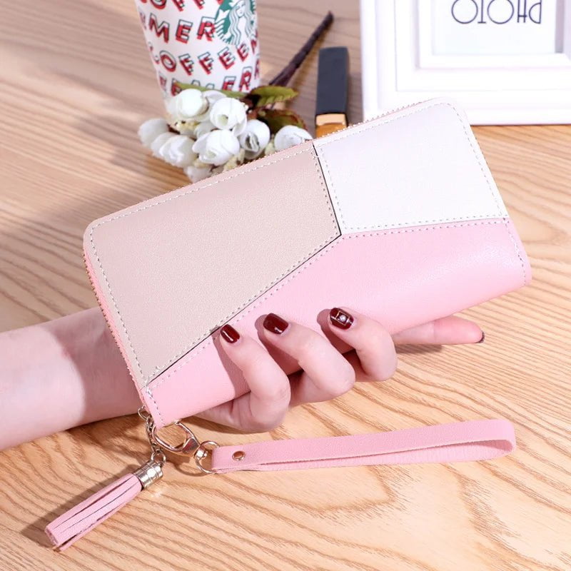 Storazone 2023 New Women's Wallet Long Contrast Panel Zipper Tassel Large Capacity Wallet Mobile Case