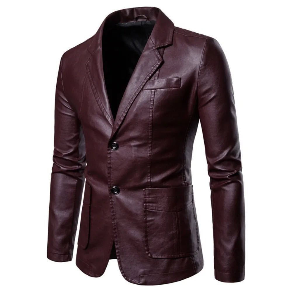 Storazone 2023 Spring Autumn Fashion New Men's Lapel Leather Dress Suit Coat / Male Business Casual Pu Blazers Jacket