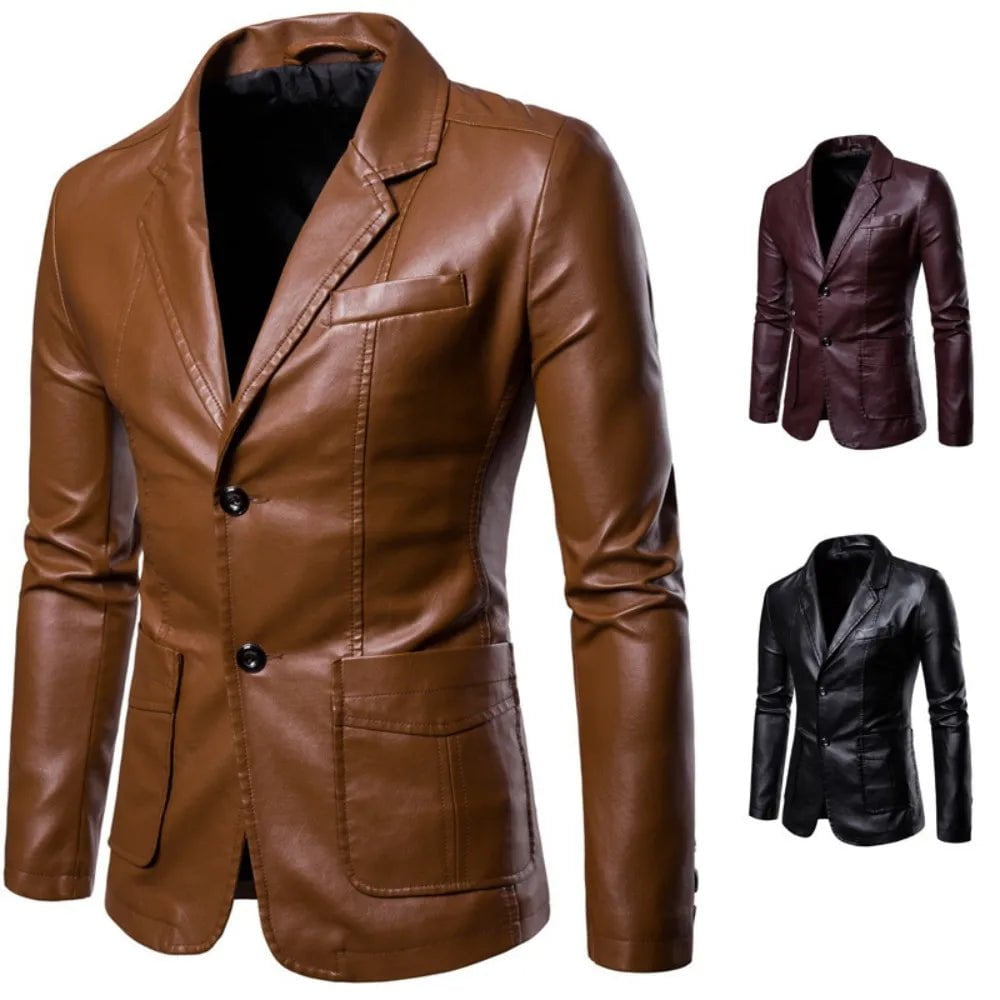 Storazone 2023 Spring Autumn Fashion New Men's Lapel Leather Dress Suit Coat / Male Business Casual Pu Blazers Jacket