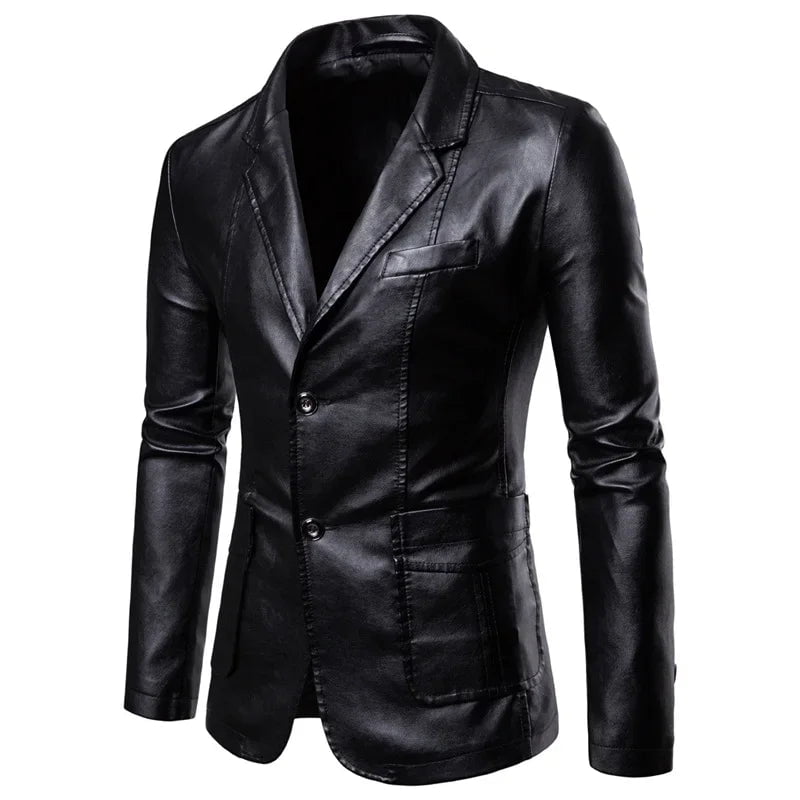 Storazone 2023 Spring Autumn Fashion New Men's Lapel Leather Dress Suit Coat / Male Business Casual Pu Blazers Jacket