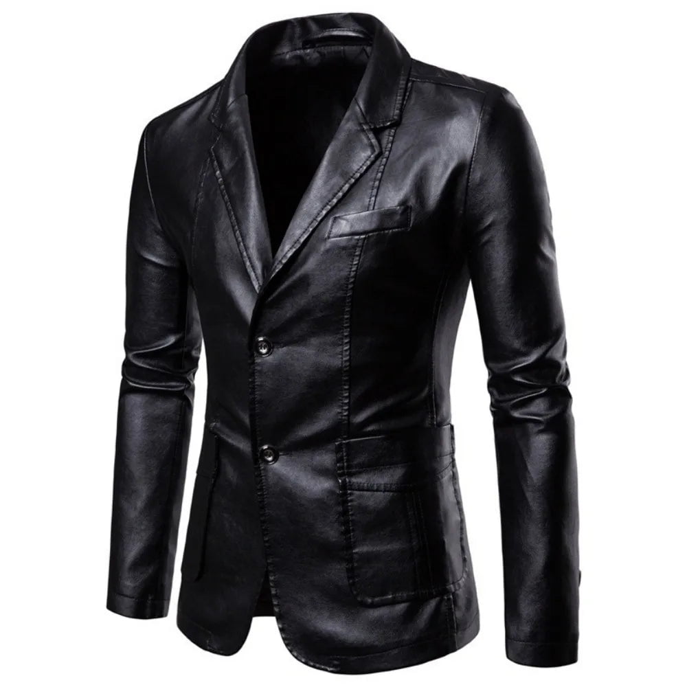 Storazone 2023 Spring Autumn Fashion New Men's Lapel Leather Dress Suit Coat / Male Business Casual Pu Blazers Jacket