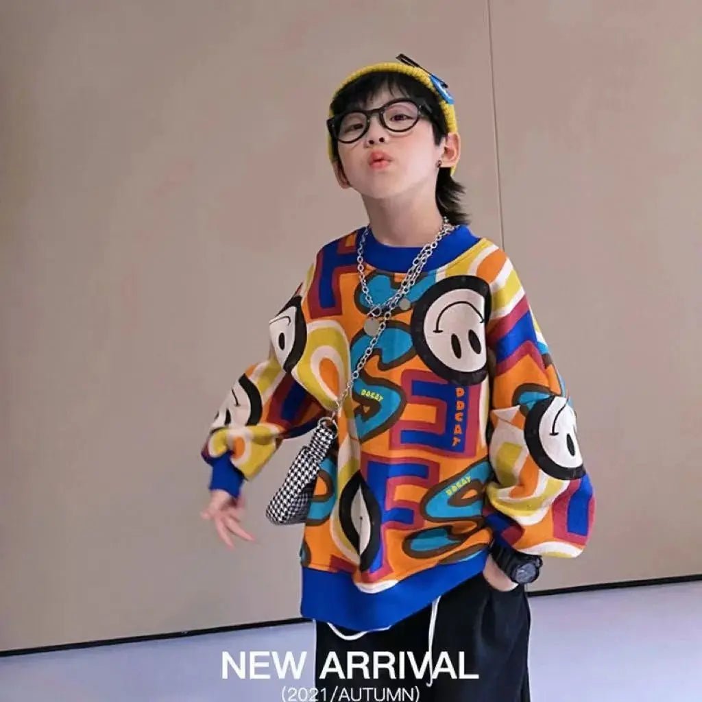 Storazone 2023 Spring Autumn New Boys Top Long Sleeve Cotton Clothes Children Girls Cartoon Smile Pattern Children's Fashion Sweatshirt