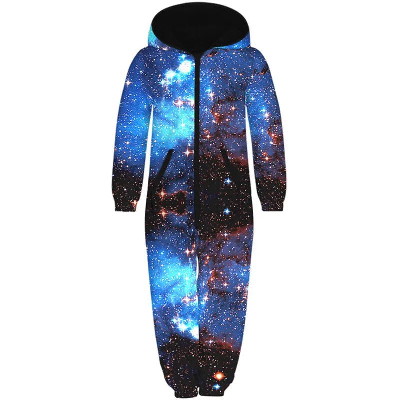 Storazone 2023 Winter Children Harajuku Colorful Galaxy 3D Print Jumpsuits Kids Hooded Unisex Overalls Loose Girl Boys Clothes with Pocket