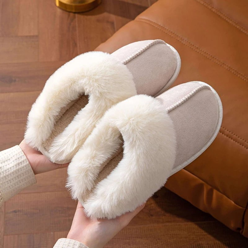 Storazone 2023 Winter Warm Flat Fur Slippers Women Faux Suede Fluffy Furry Home Slides Woman Comfort Non Slip Indoor Floor Cotton Shoes