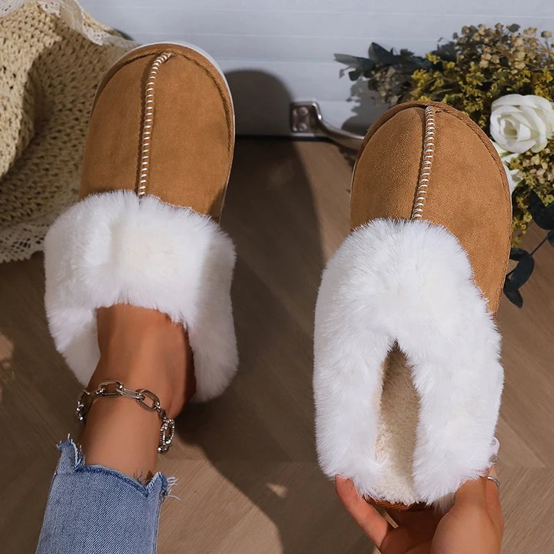 Storazone 2023 Winter Warm Flat Fur Slippers Women Faux Suede Fluffy Furry Home Slides Woman Comfort Non Slip Indoor Floor Cotton Shoes