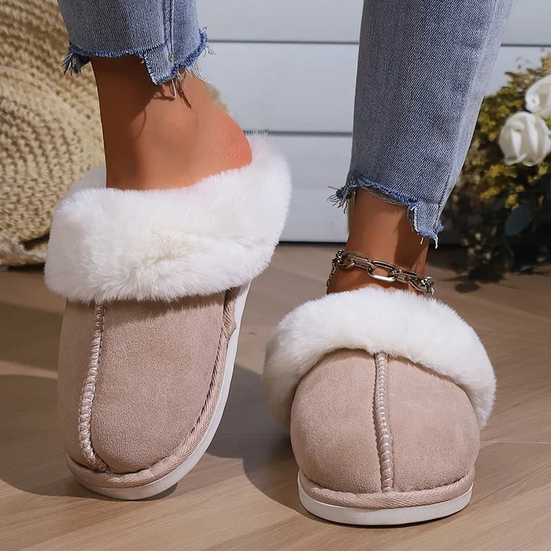 Storazone 2023 Winter Warm Flat Fur Slippers Women Faux Suede Fluffy Furry Home Slides Woman Comfort Non Slip Indoor Floor Cotton Shoes