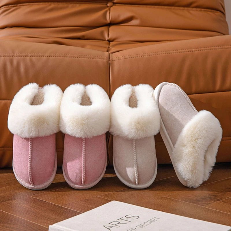 Storazone 2023 Winter Warm Flat Fur Slippers Women Faux Suede Fluffy Furry Home Slides Woman Comfort Non Slip Indoor Floor Cotton Shoes