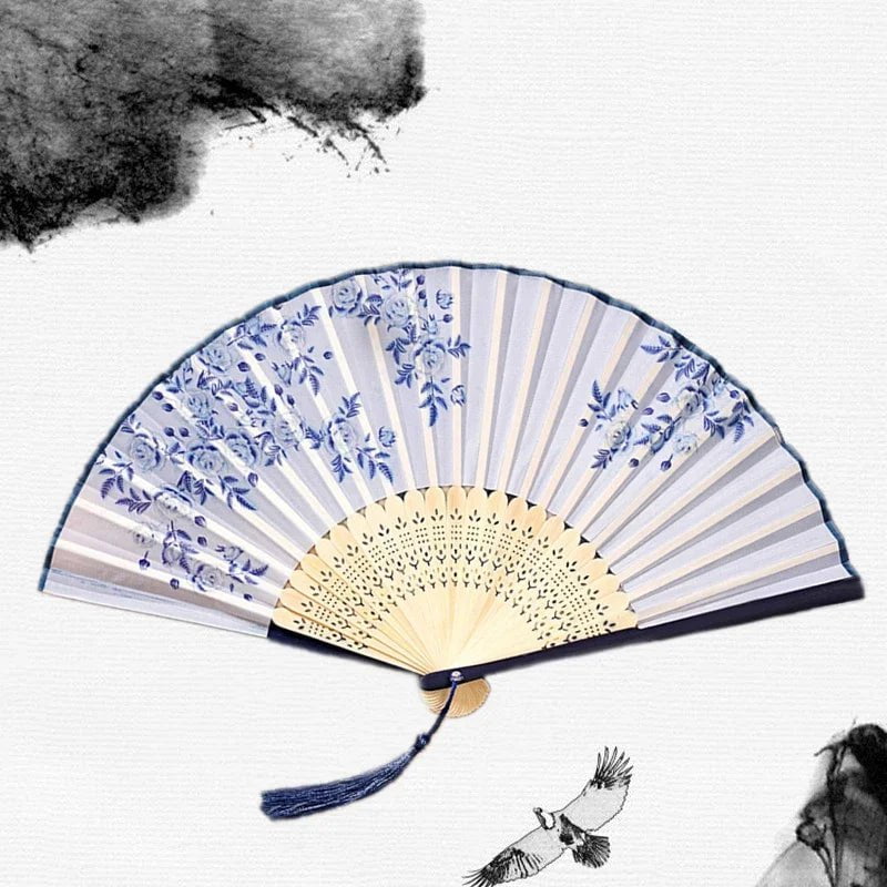 Storazone 21 Chinese Japanese Silk Folding Fan Wooden Shank Classical Dance Fan High Quality Tassel Elegent Female Fan Home Decoration