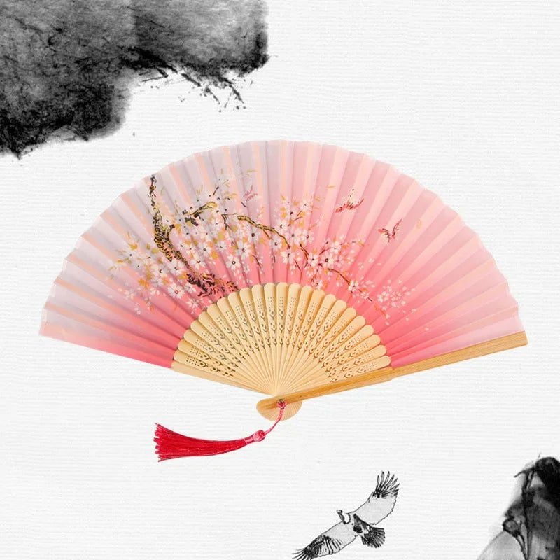 Storazone 22 Chinese Japanese Silk Folding Fan Wooden Shank Classical Dance Fan High Quality Tassel Elegent Female Fan Home Decoration