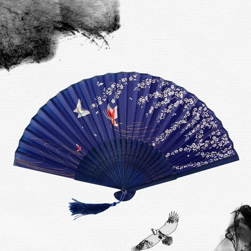 Storazone 23 Chinese Japanese Silk Folding Fan Wooden Shank Classical Dance Fan High Quality Tassel Elegent Female Fan Home Decoration