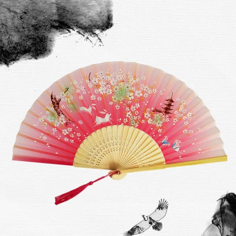 Storazone 24 Chinese Japanese Silk Folding Fan Wooden Shank Classical Dance Fan High Quality Tassel Elegent Female Fan Home Decoration