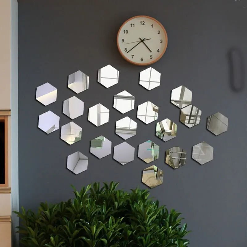 Storazone 24pcs/set 3D Acrylic DIY Self-adhesive Decorative Decal Hexagonal Geometric Mirror Wall Pasted Hexagon