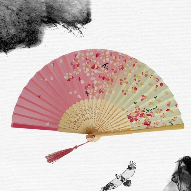 Storazone 25 Chinese Japanese Silk Folding Fan Wooden Shank Classical Dance Fan High Quality Tassel Elegent Female Fan Home Decoration