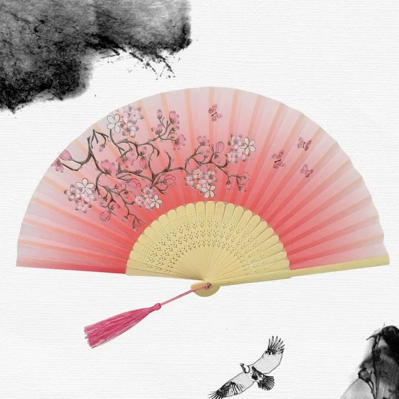 Storazone 27 Chinese Japanese Silk Folding Fan Wooden Shank Classical Dance Fan High Quality Tassel Elegent Female Fan Home Decoration