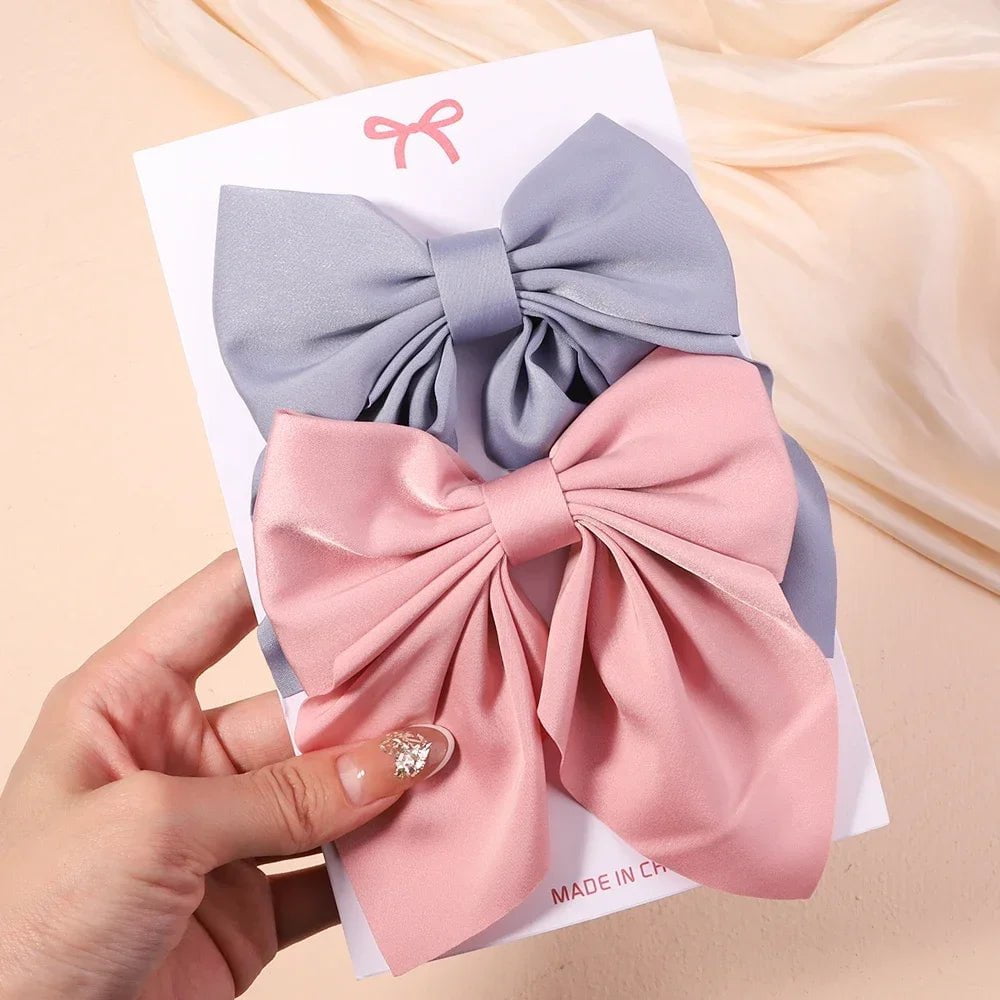 Storazone 2773-1 2Pcs/set Women Girls Sweet Solid Bowknot Hair Clips Print Bows Hairpins Ribbon Barrettes Duckbill Clip Headwear Hair Accessories