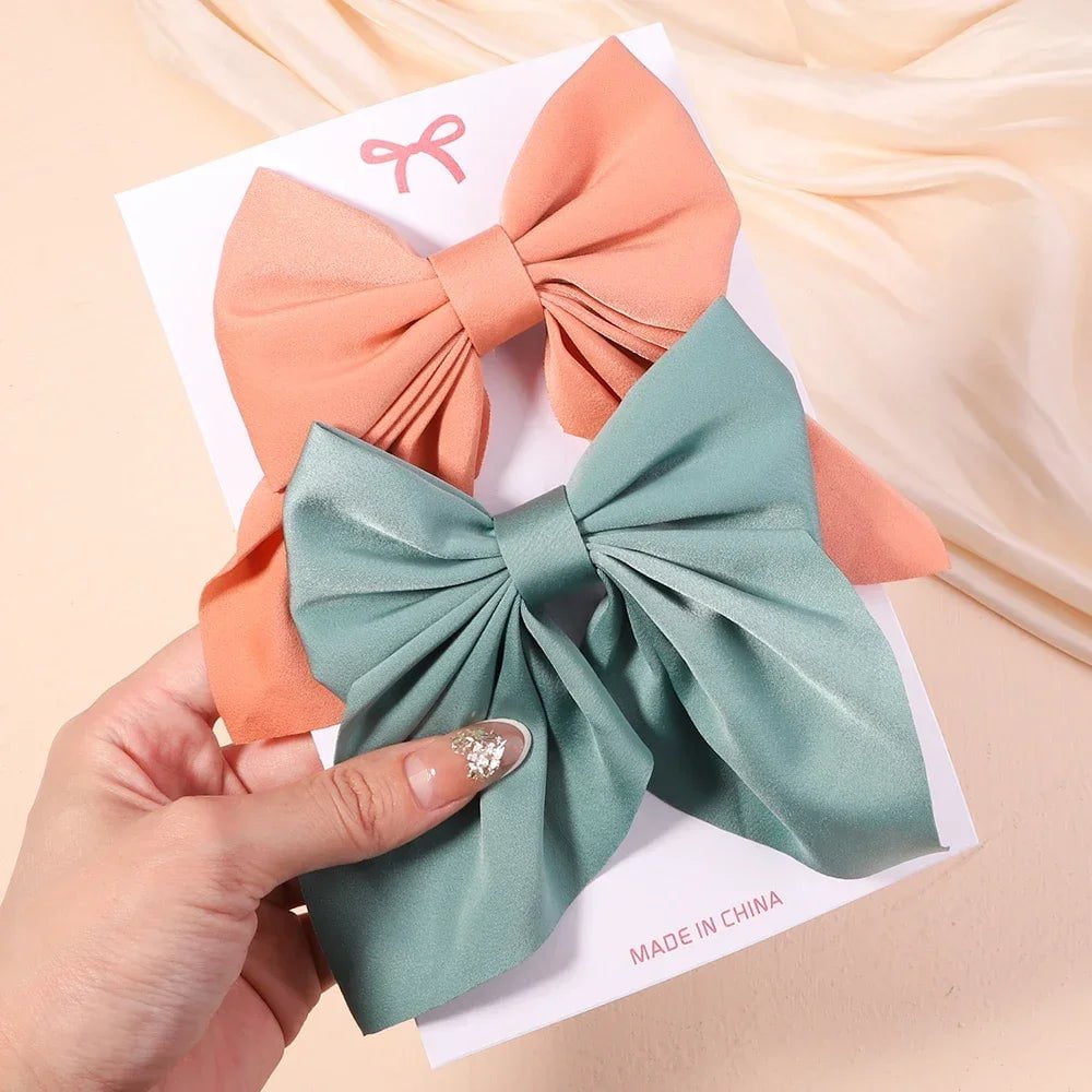 Storazone 2773-5 2Pcs/set Women Girls Sweet Solid Bowknot Hair Clips Print Bows Hairpins Ribbon Barrettes Duckbill Clip Headwear Hair Accessories