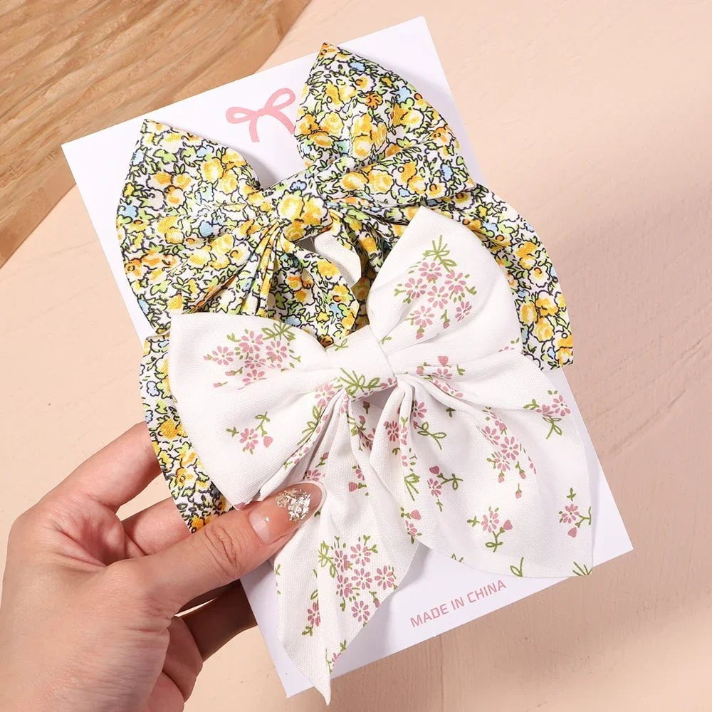 Storazone 2774-1 2Pcs/set Women Girls Sweet Solid Bowknot Hair Clips Print Bows Hairpins Ribbon Barrettes Duckbill Clip Headwear Hair Accessories