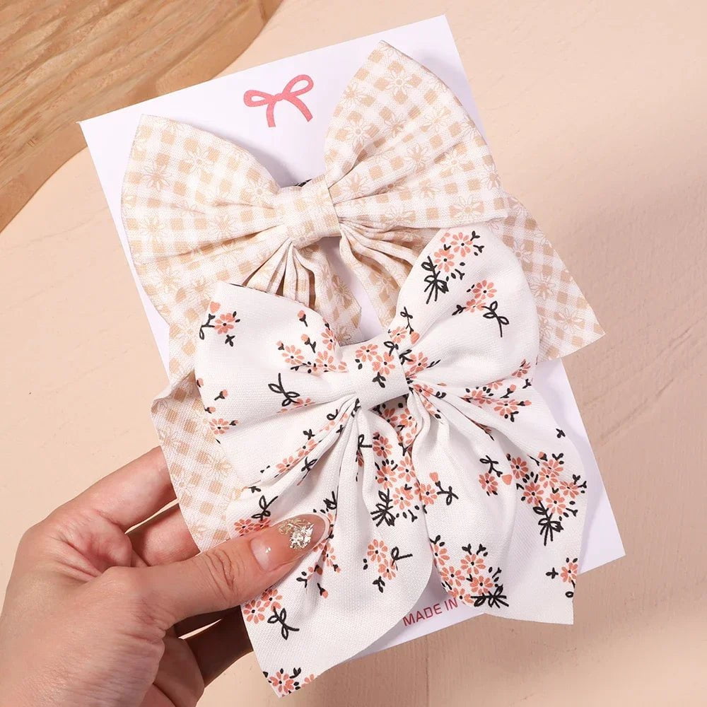 Storazone 2774-2 2Pcs/set Women Girls Sweet Solid Bowknot Hair Clips Print Bows Hairpins Ribbon Barrettes Duckbill Clip Headwear Hair Accessories