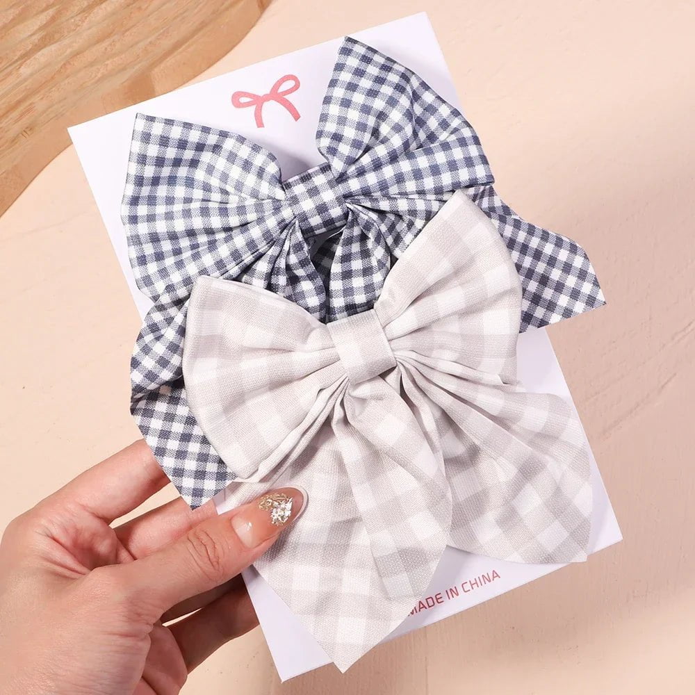 Storazone 2774-3 2Pcs/set Women Girls Sweet Solid Bowknot Hair Clips Print Bows Hairpins Ribbon Barrettes Duckbill Clip Headwear Hair Accessories