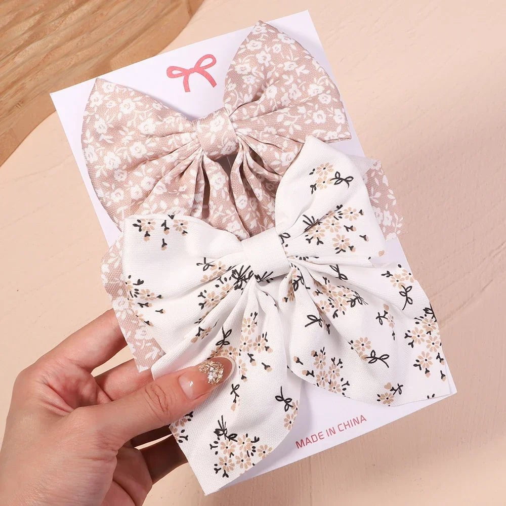 Storazone 2774-6 2Pcs/set Women Girls Sweet Solid Bowknot Hair Clips Print Bows Hairpins Ribbon Barrettes Duckbill Clip Headwear Hair Accessories