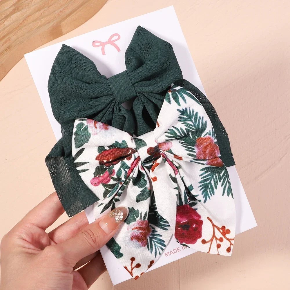 Storazone 2774-7 2Pcs/set Women Girls Sweet Solid Bowknot Hair Clips Print Bows Hairpins Ribbon Barrettes Duckbill Clip Headwear Hair Accessories