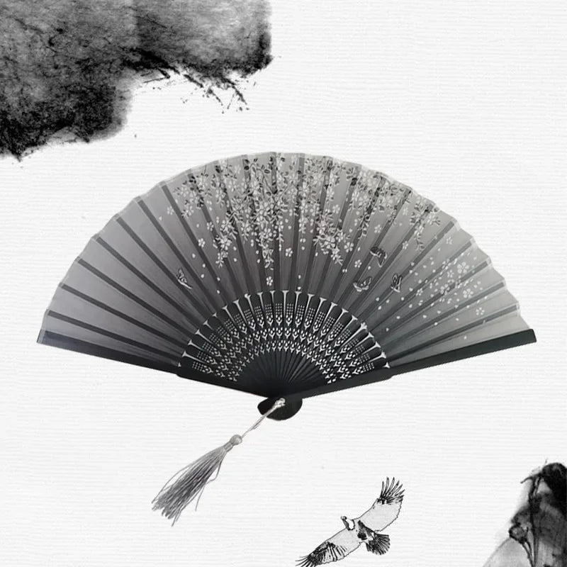 Storazone 29 Chinese Japanese Silk Folding Fan Wooden Shank Classical Dance Fan High Quality Tassel Elegent Female Fan Home Decoration