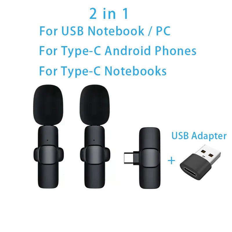Storazone 2in1TypeC-USBAdapte / CHINA New Wireless Lavalier Microphone Portable Audio Video Recording Mini Microphone for iPhone Android PC Camera Live Gaming Phone