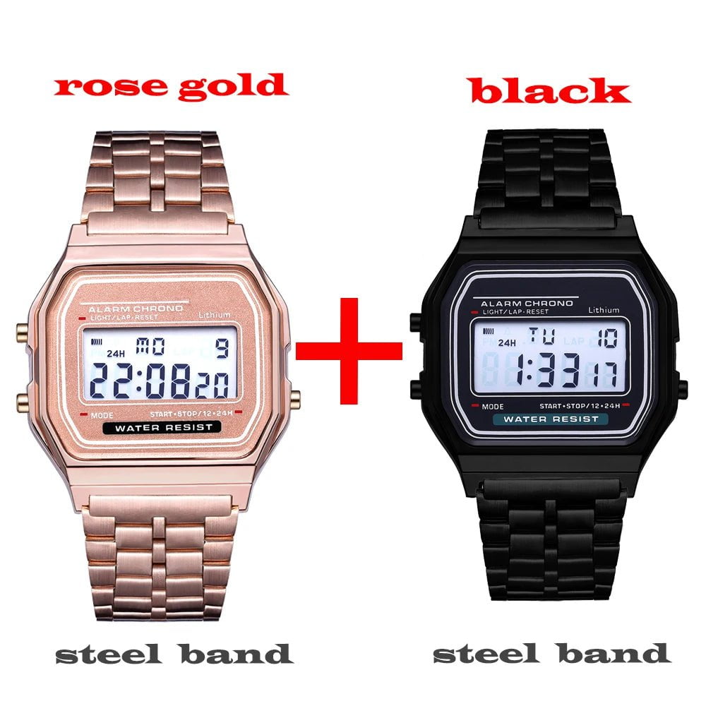 Storazone 2Pcs Fashion Digital Men's Watches Gold Luxury Stainless Steel Link Bracelet Wrist Watch Band Business Electronic Male Clock