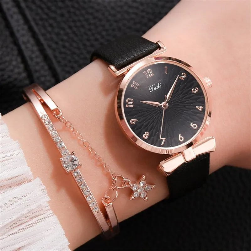 Storazone 2pcs set black 2pcs Set Luxury Women Bracelet Quartz Watches For Women Leather Watch Ladies Sports Dress Wrist Watch Clock Relogio Feminino