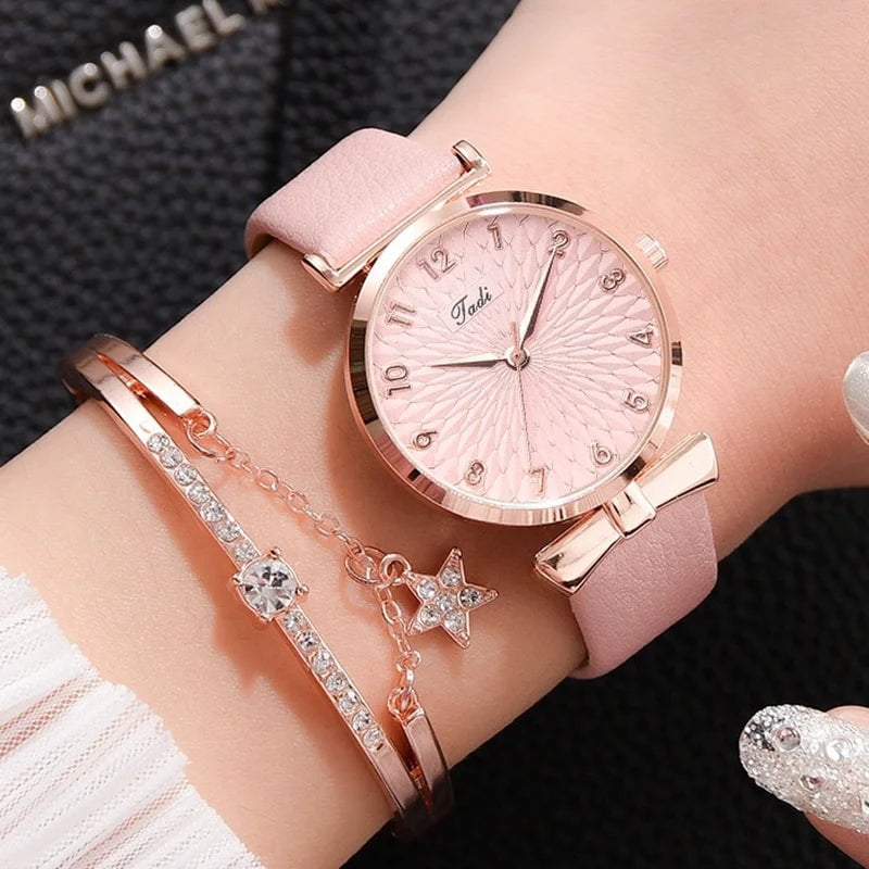 Storazone 2pcs set pink 2pcs Set Luxury Women Bracelet Quartz Watches For Women Leather Watch Ladies Sports Dress Wrist Watch Clock Relogio Feminino