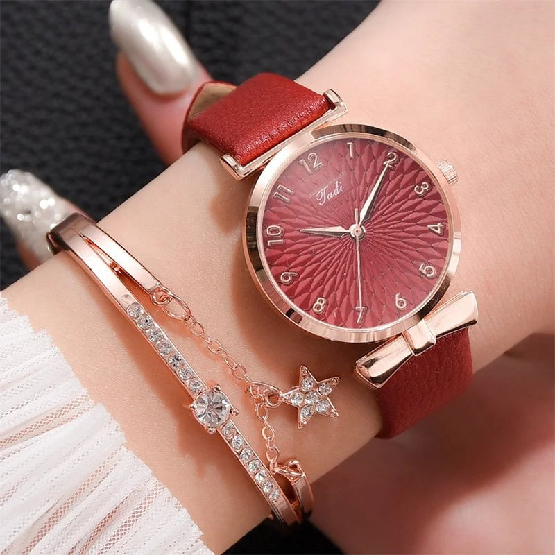 Storazone 2pcs set red 2pcs Set Luxury Women Bracelet Quartz Watches For Women Leather Watch Ladies Sports Dress Wrist Watch Clock Relogio Feminino