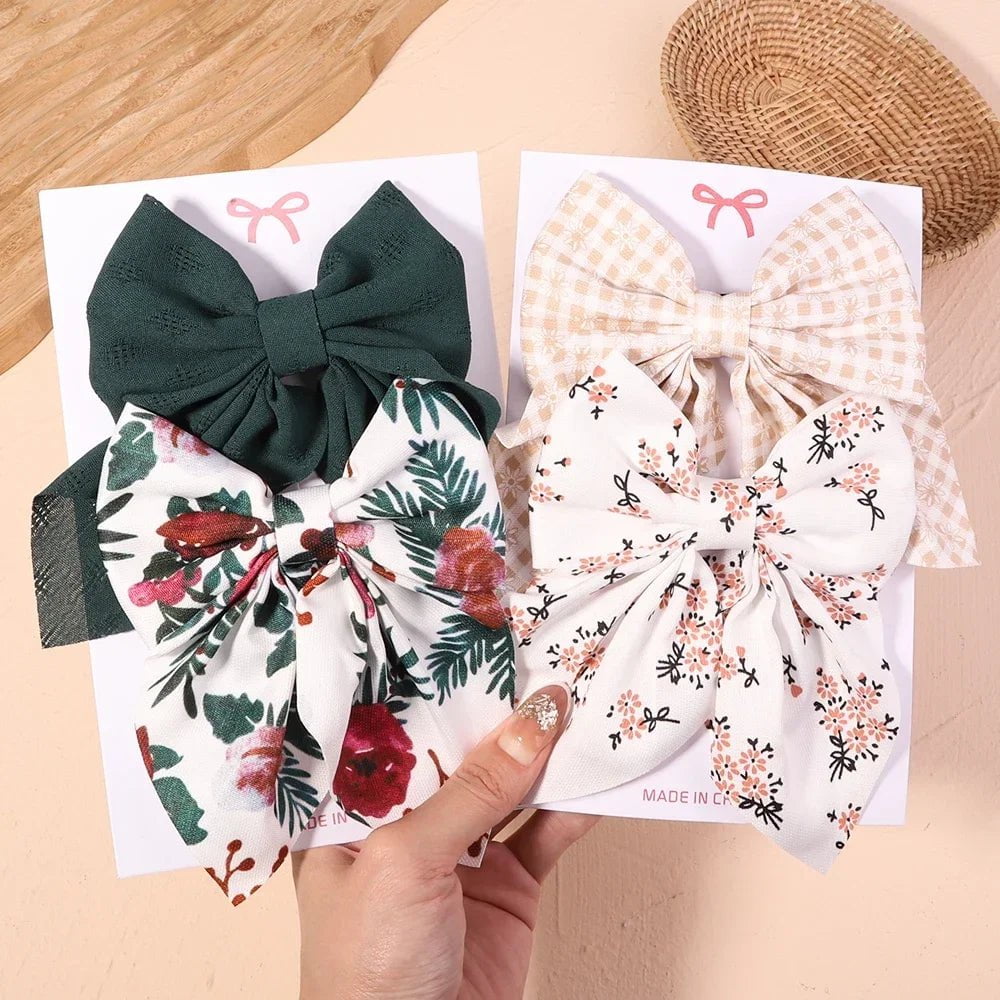 Storazone 2Pcs/set Women Girls Sweet Solid Bowknot Hair Clips Print Bows Hairpins Ribbon Barrettes Duckbill Clip Headwear Hair Accessories