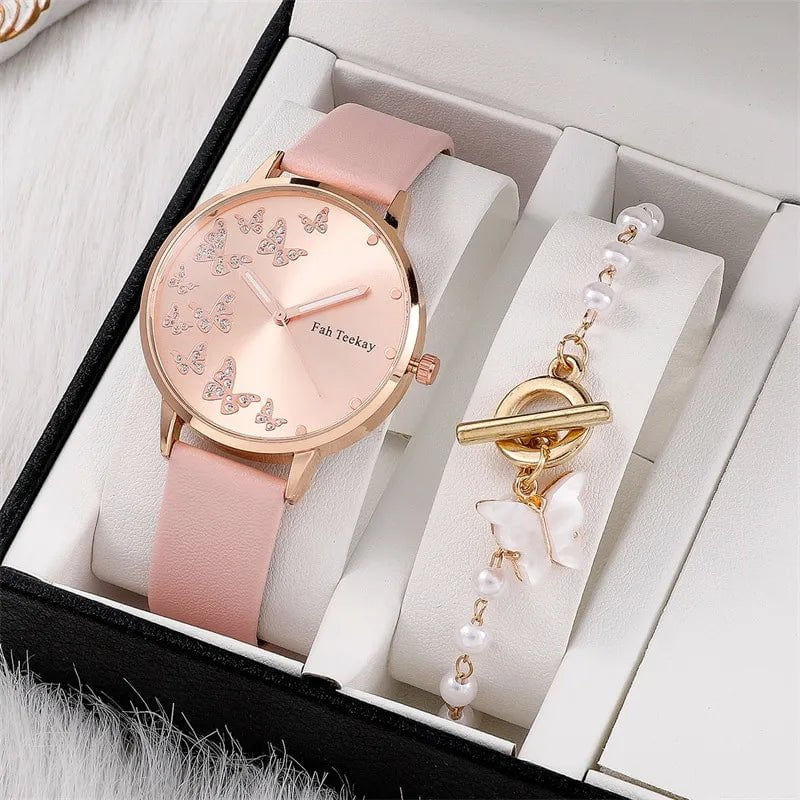 Storazone 2pcs Set Womens Butterfly Watches Ladies Fashion Watch New Simple Casual Women Analog WristWatch Bracelet Gift