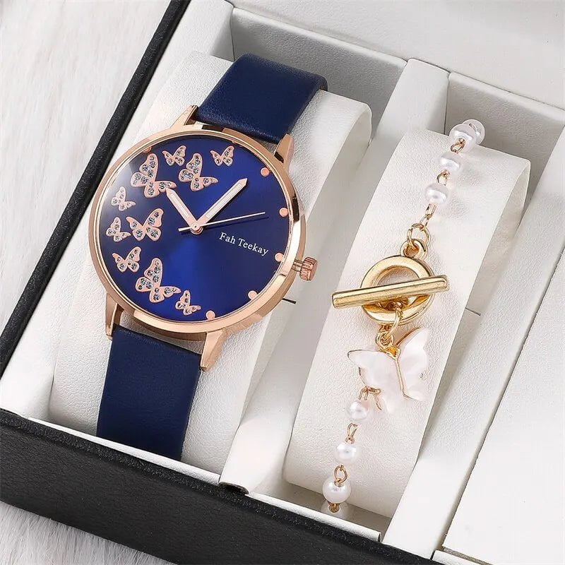 Storazone 2pcs Set Womens Butterfly Watches Ladies Fashion Watch New Simple Casual Women Analog WristWatch Bracelet Gift