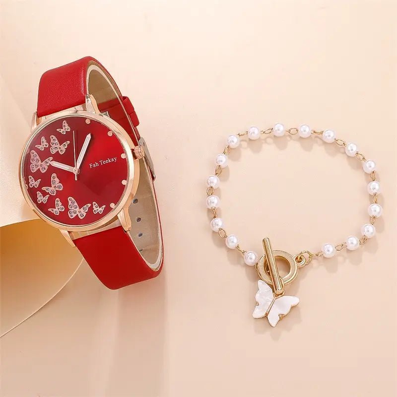 Storazone 2pcs Set Womens Butterfly Watches Ladies Fashion Watch New Simple Casual Women Analog WristWatch Bracelet Gift