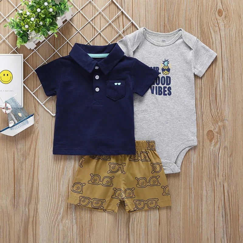 Storazone 3 / 24M Newborn Baby Boys Clothes Set 2023 Summer Cotton Short Sleeve Tops+Romper+Shorts 3Pcs sets Infant Baby Boy Girl Clothing Outfits