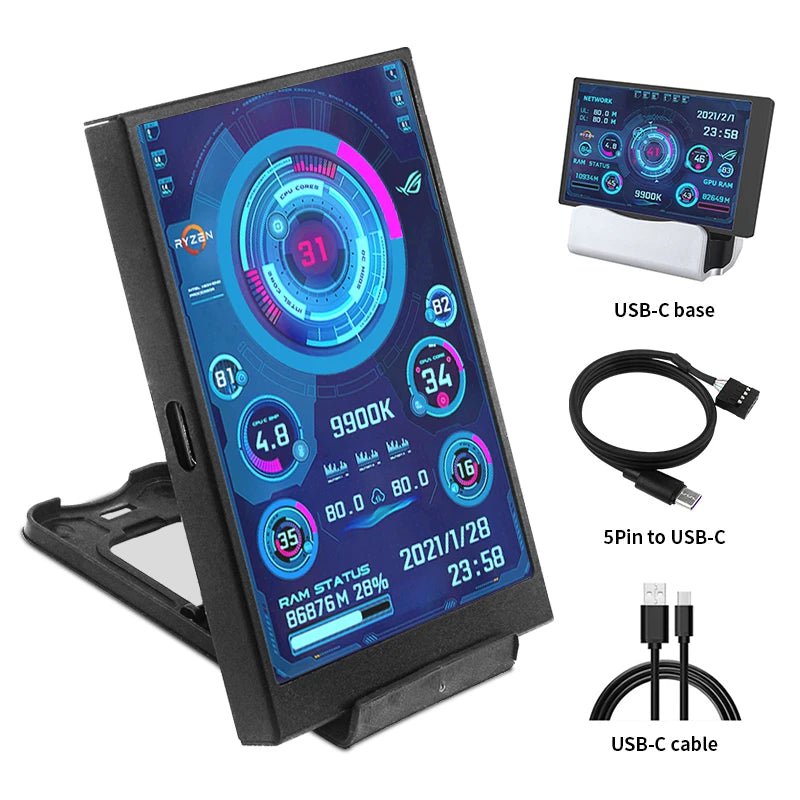 Storazone 3.5 / 5 Inch IPS Type-C Secondary Screen Mini Computer USB Display CPU GPU RAM HDD Monitor with Holder Metal Case No Use AIDA64